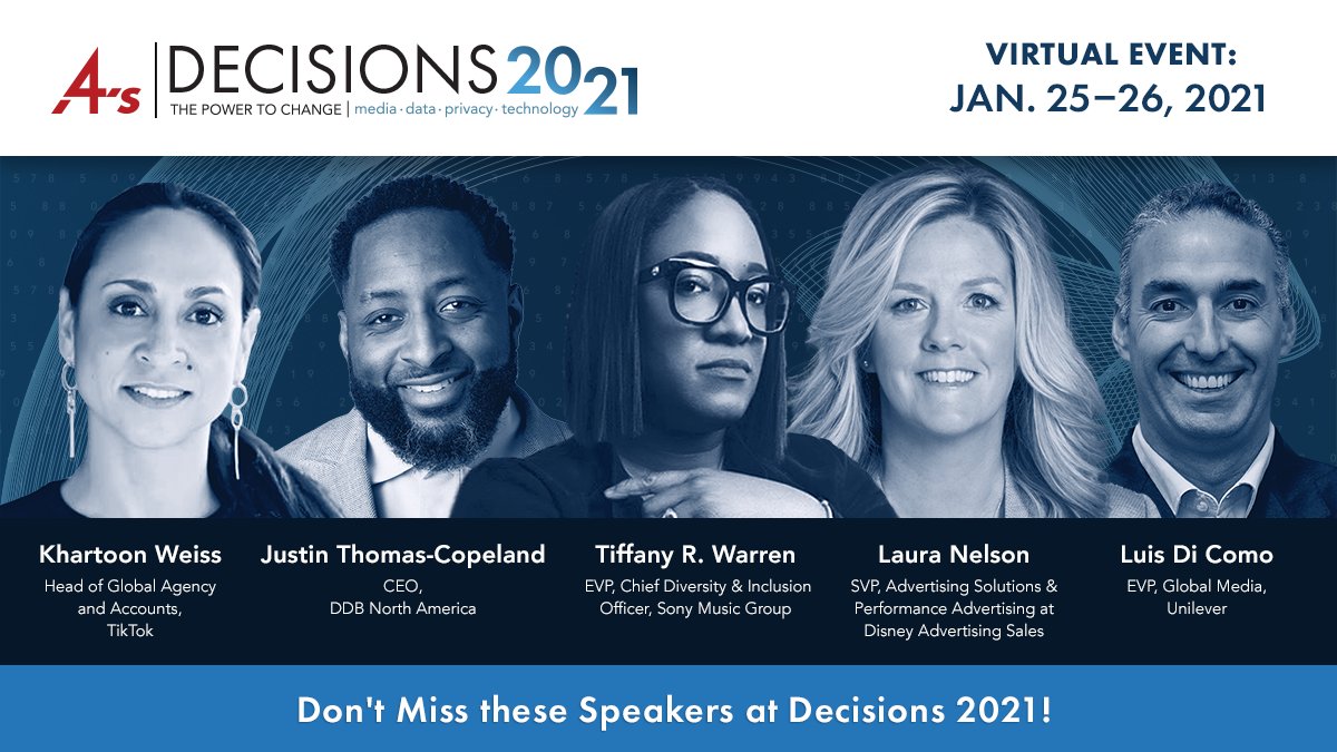 There’s still time to save your spot at our virtual #4AsDecisions event ft. speakers from <a href="/tiktok_us/">TikTok US</a>, <a href="/sonymusic/">Sony Music</a>, <a href="/unilever/">Unilever</a>, <a href="/disneyadsales/">Disney Advertising</a> and more. The power to shape the future of #media, #data, #privacy and #technology happens on Jan 25-26. Don’t miss! decisions2021.aaaa.org