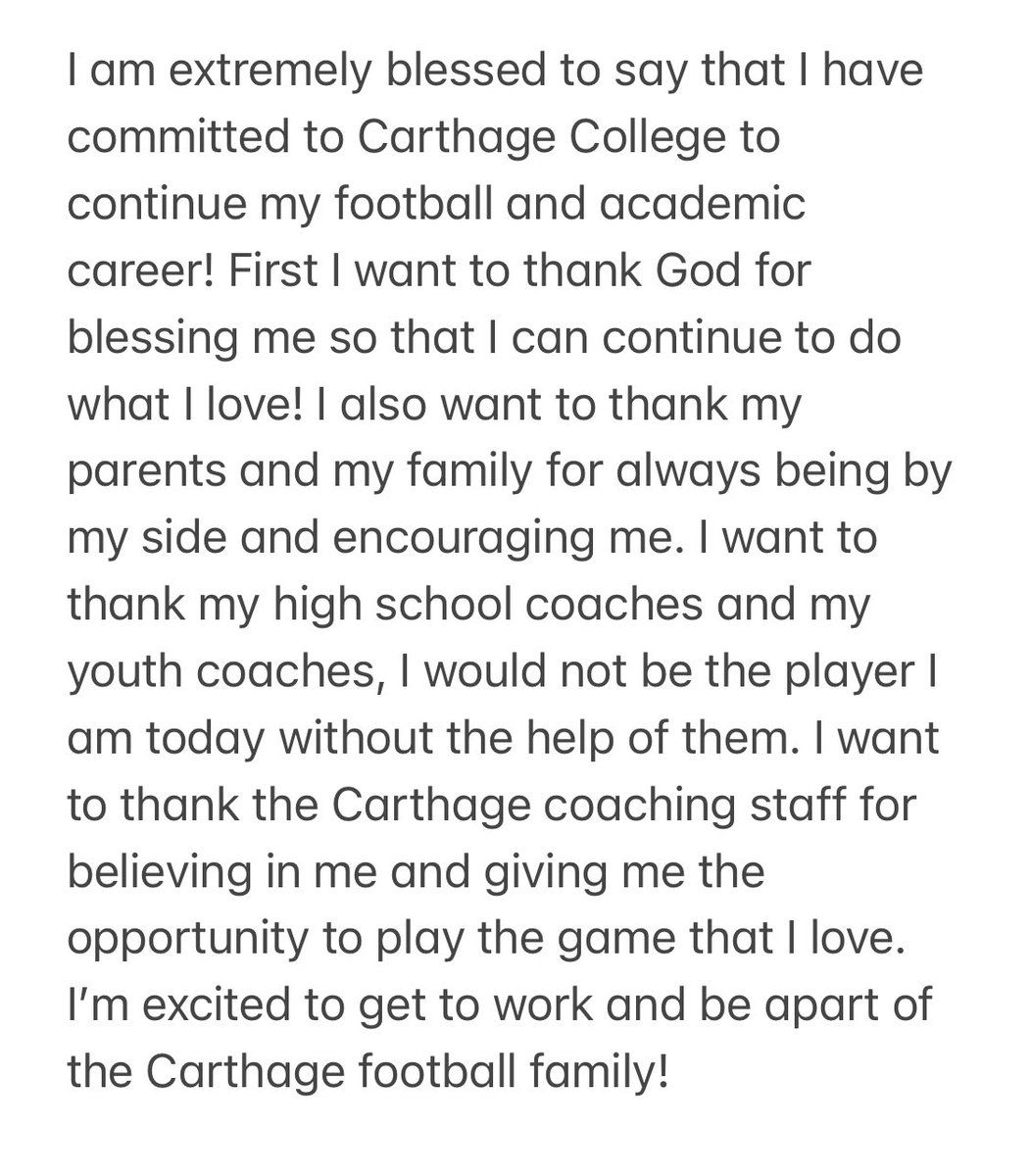 I am honored to announce my commitment to play football at Carthage College! Big thanks to <a href="/CoachDustinHass/">Dustin Hass</a> for giving me the opportunity!