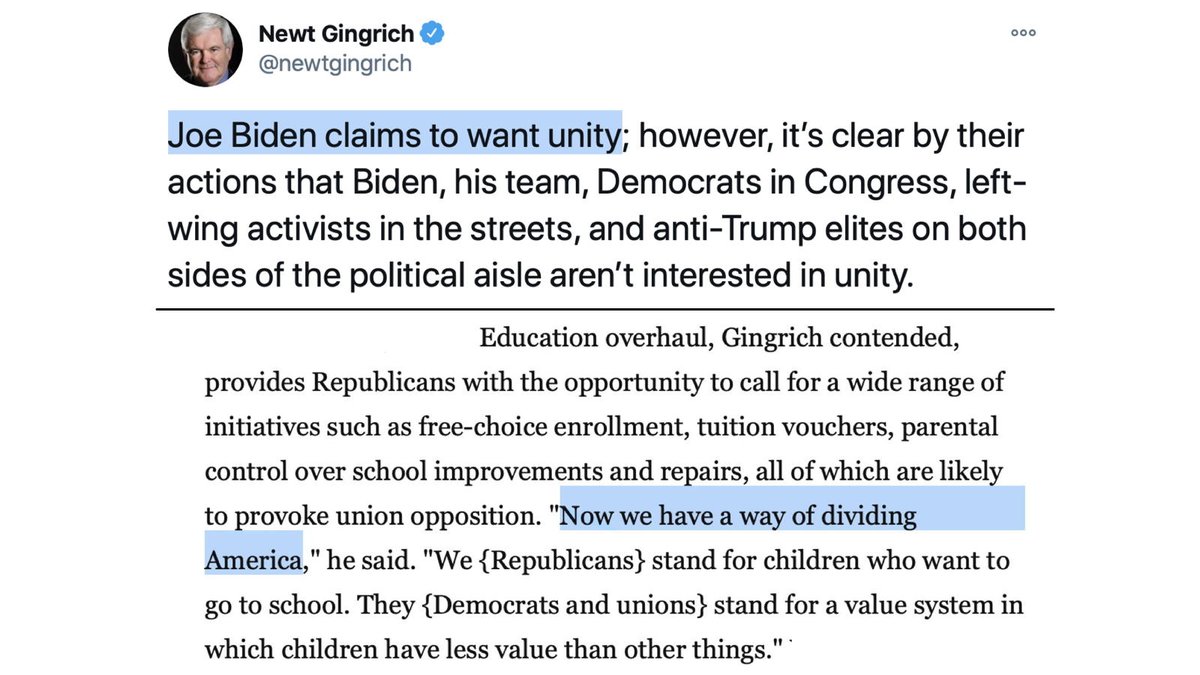 Newt Gingrich was probably the most important proto-Trump — exactly the same cynicism, demagoguery and hatefulness. Here Gingrich is today, piously calling for unity, along with what Gingrich explained in 1989 about his actual political strategy.