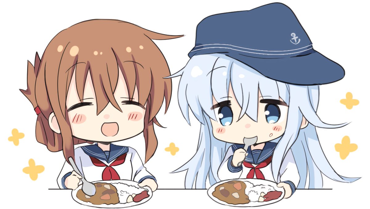 hibiki (kancolle) ,inazuma (kancolle) multiple girls 2girls school uniform long hair curry food serafuku  illustration images