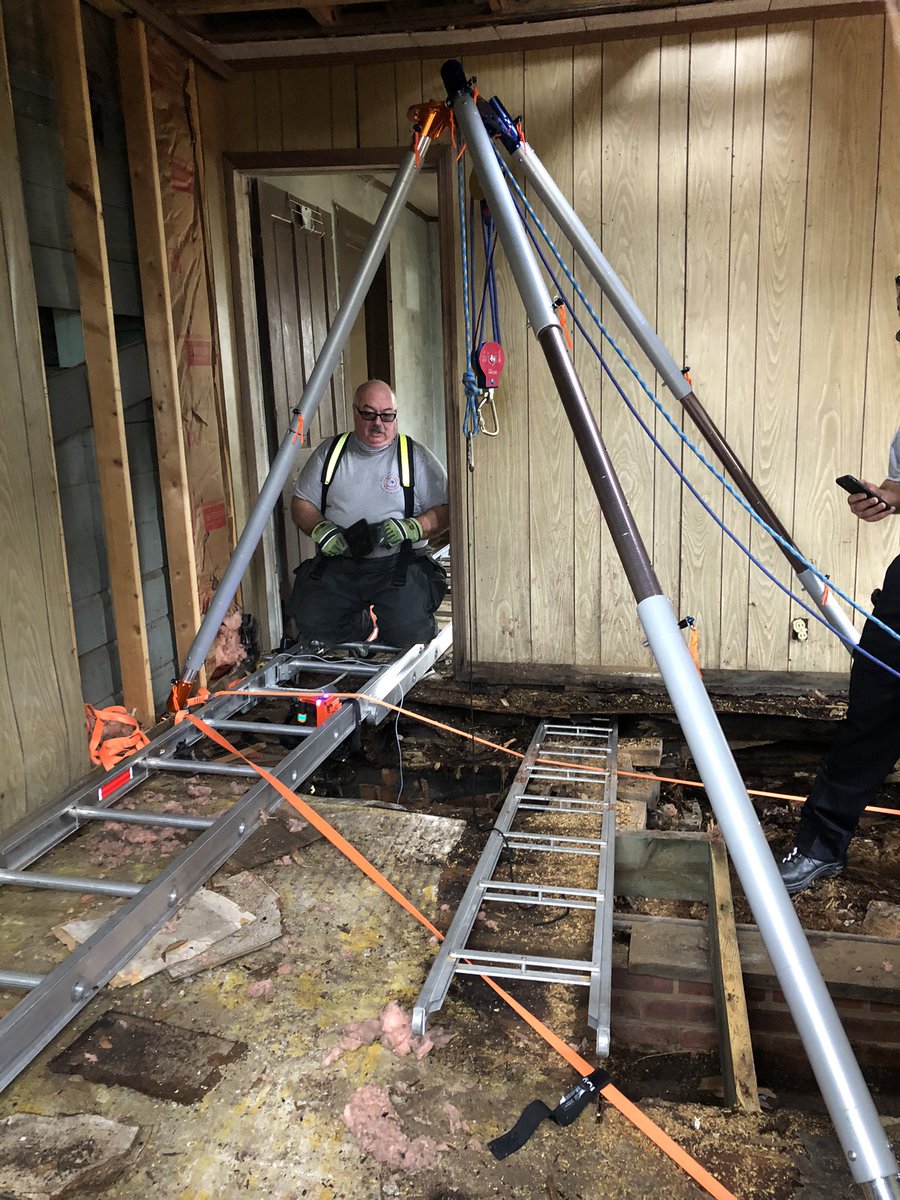 GFDTRAINING's tweet photo. Gaffney firefighters performed a Technical Rescue this afternoon on Broad St with a pt that fell through the floor of a home and down a open well shaft. We were assisted by Blacksburg Fire in successfully rescuing the pt from 15ft down under the home. @GaffneyFire @gaffney2400 https://t.co/JiB3CSIH0i