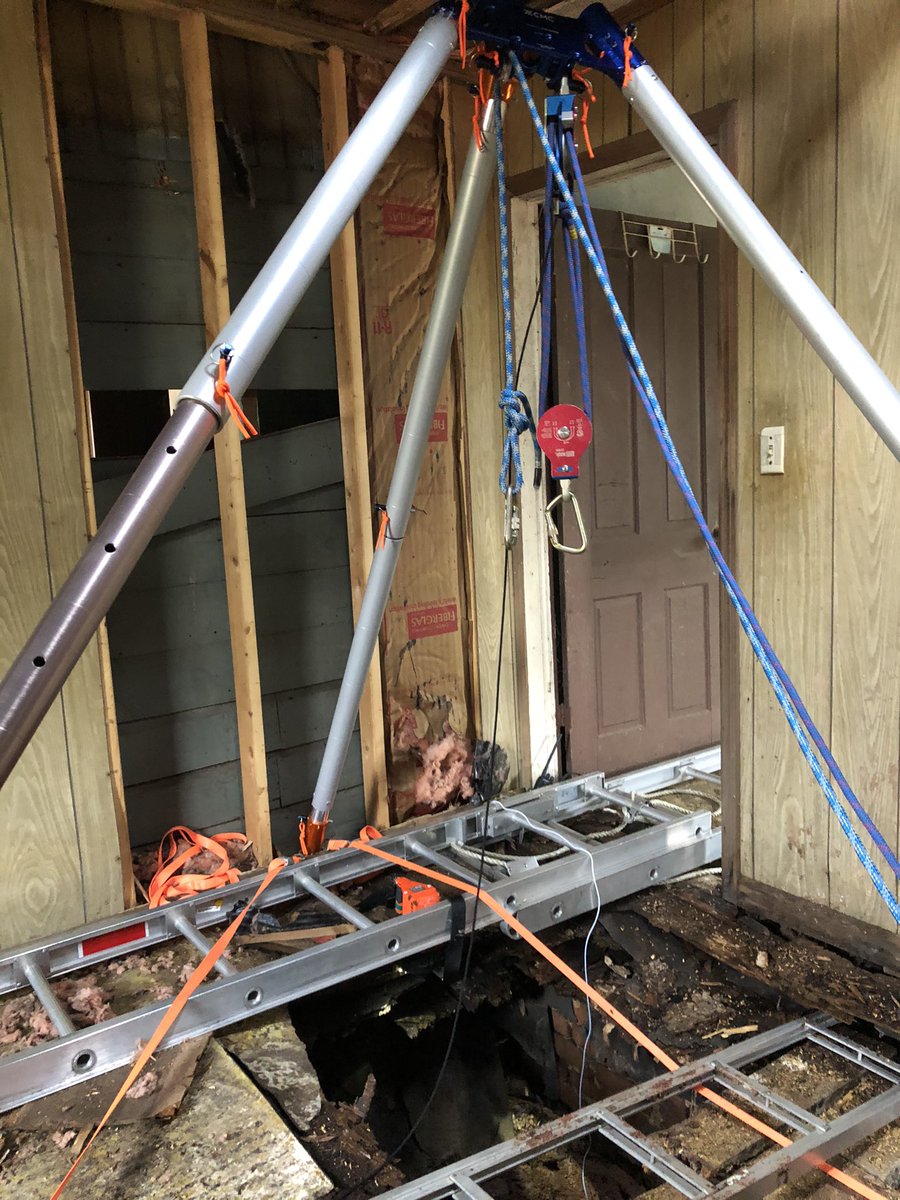 GFDTRAINING's tweet photo. Gaffney firefighters performed a Technical Rescue this afternoon on Broad St with a pt that fell through the floor of a home and down a open well shaft. We were assisted by Blacksburg Fire in successfully rescuing the pt from 15ft down under the home. @GaffneyFire @gaffney2400 https://t.co/JiB3CSIH0i