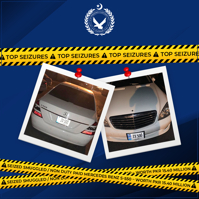 customs_karachi's tweet photo. Karachi Customs intercepted and seized one smuggled / non-duty paid Mercedes Benz S-550 car bearing Registration No. Plate ZX-500 (Islamabad) near Saddar Plaza, M.A. Jinnah Road, Karachi. 
#CustomsKarachi #CPK #HeretoServe https://t.co/aSBAxQEim7