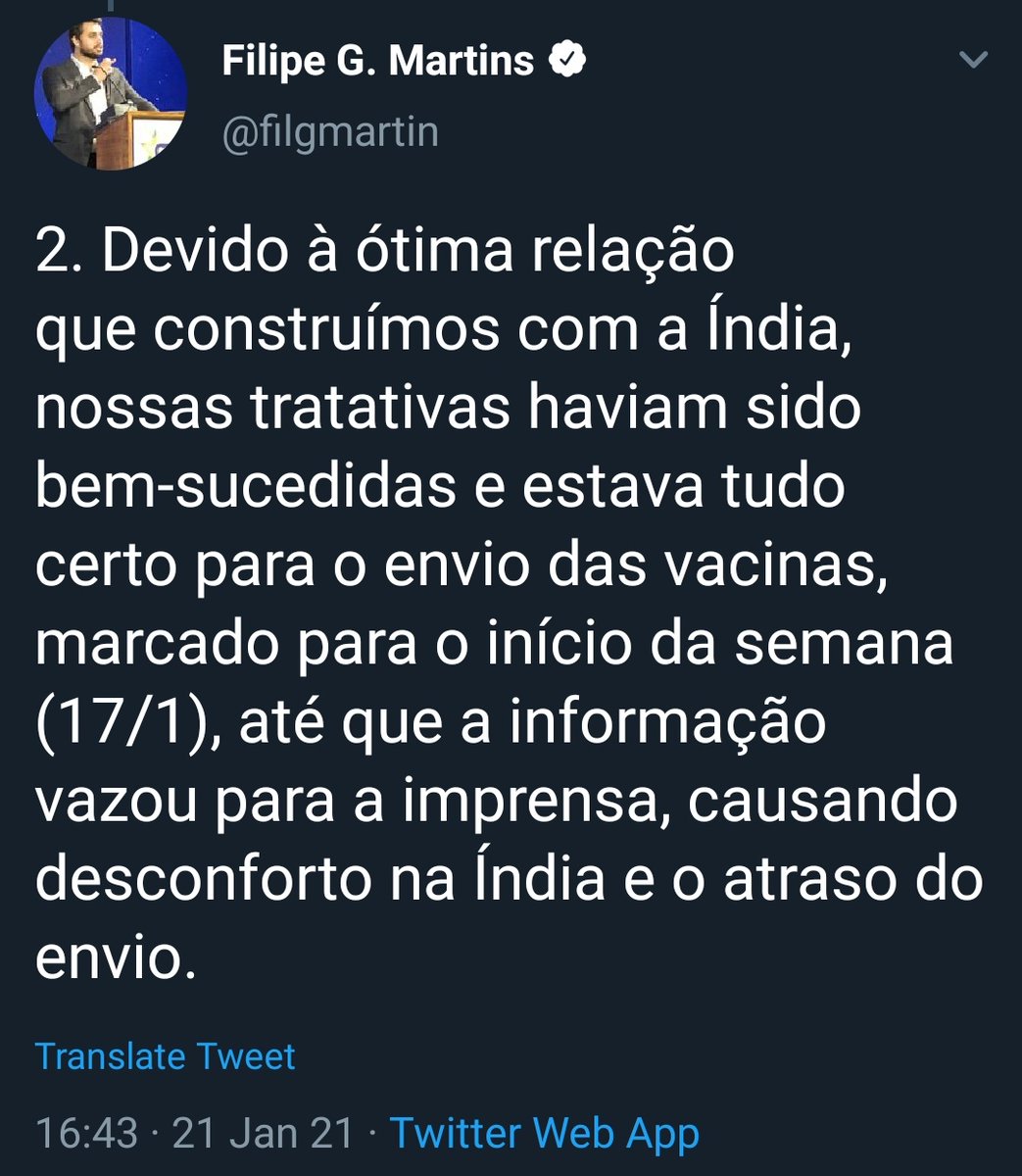 Filipe martins dizendo que a culpa do atraso da importação das vacinas é que a informação vazou para a imprensa e deixou os indianos chateados
