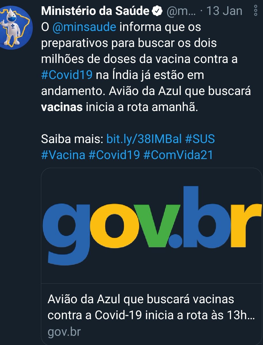 Ministério da saúde anuncia essa importação desde o dia 13