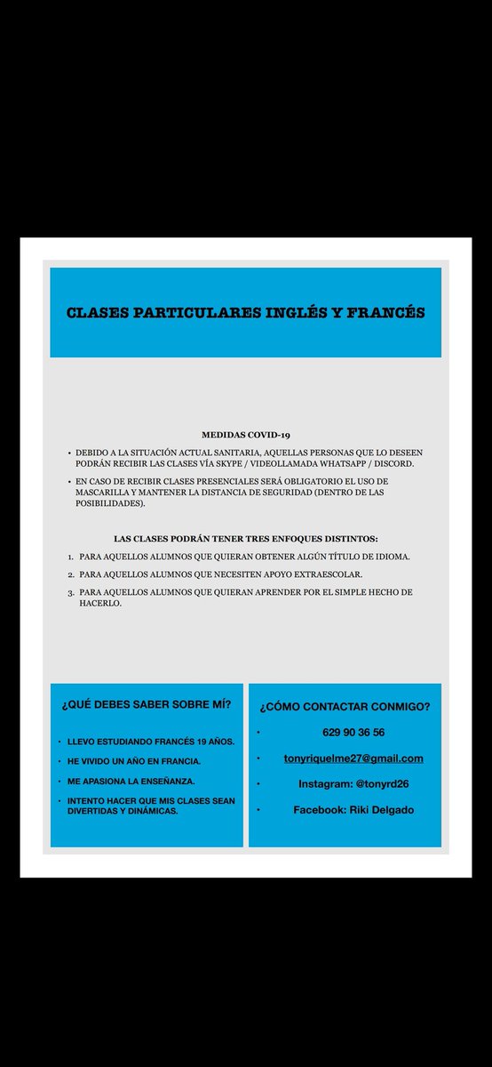 Javiriquelmee_'s tweet photo. CLASES PARTICULARES DE FRANCÉS  EN HUELVA
No suelo pedir estas cosas pero RT para ayudar a mi hermano @altf4yugi https://t.co/OcyZd5O8rB