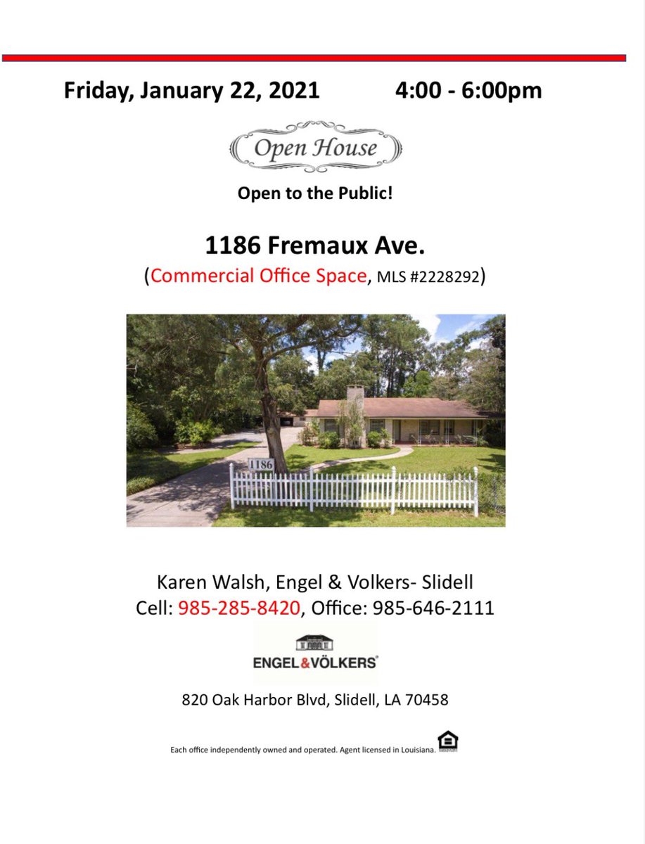 #OpenHouse tomorrow‼️

Contact Karen Walsh to schedule a private tour or for more info on this listing!
☎️(985) 285-8420

Take a look inside using this link! 📲karenwalsh.evrealestate.com/ListingDetails…

#WeAreEngelVolkers #StTammanyRealEstate #CommercialRealEstate #FremauxAve #SlidellOpenHouse