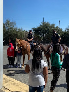GETTING TO KNOW YOU: Kilo and Solomon were happy to do an outdoors meet-and-greet at Memorial Middle School this week!  They said the students asked so many good questions about what it's like to work in the Mounted Patrol.