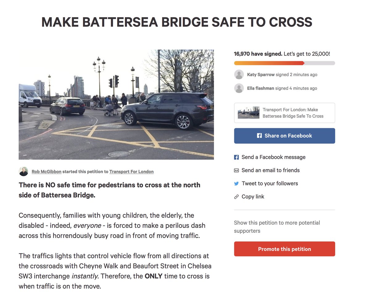 After 4 days the Make Battersea Bridge Safe To Cross petition will bust 17k signatures. Thank You to EVERYONE for the support. Today, the power of the people's voice brought <a href="/TFL/">TfL</a> Commissioner Andy Byford to the bridge to discuss how to put things right.👊
bit.ly/3qL0FGv