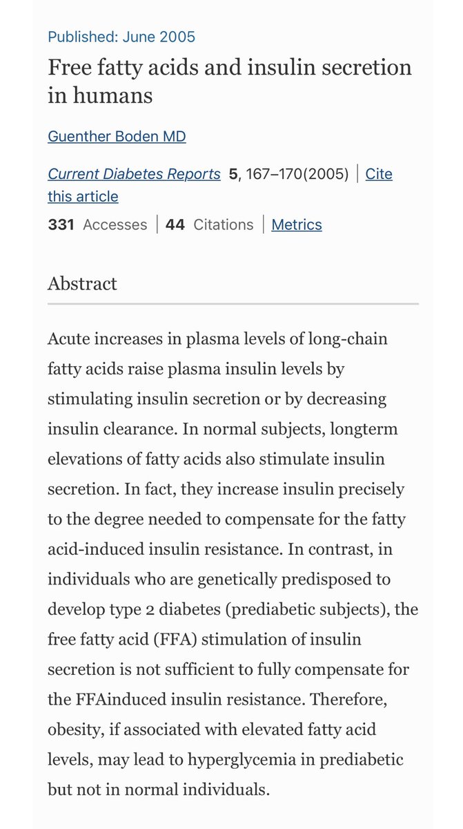 Even if I did believe in the carbohydrate-insulin model, and I don’t, the problem is that fat, or more specifically free fatty acids, also raise insulin acutely. This is the mechanism that keeps runaway lipolysis from happening in all fasting animals (the way it does in T1DM). 