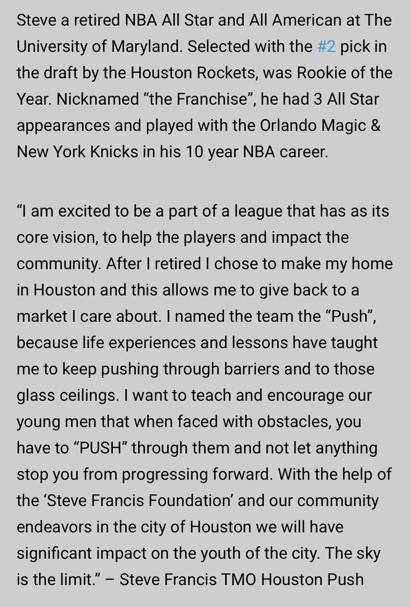 Owner, NBA All-Star Steve Francis and NBA vet Coach Moochie Norris introduce the <a href="/HoustonPush/">Houston Push</a>, the newest “franchise” of TBL. Working with The Steve Francis Foundation, Houston Push will empower its Houstonian roster and find ways to give back to the community.