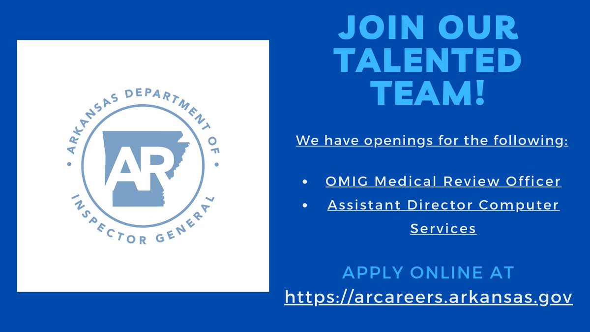 Arkansas Department of Inspector General is hiring!  Check out the current listings today at arcareers.arkansas.gov/go/Inspector-G…
