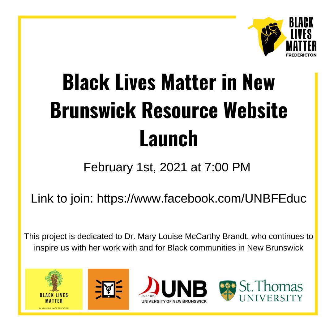 BLMFredericton's tweet photo. Join us on February 1st, 2021 for the launch of our Black History resource  website. https://t.co/rqJa6CdByl