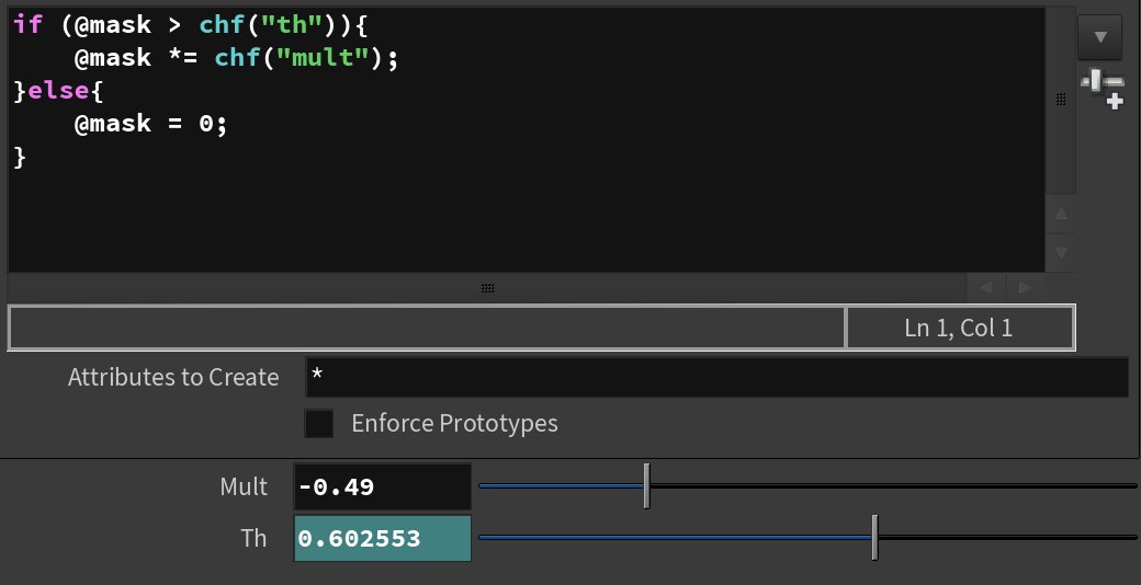 To make the ground collapse I created an attribute with a falloff and displaced the geometry according to the attribute's value