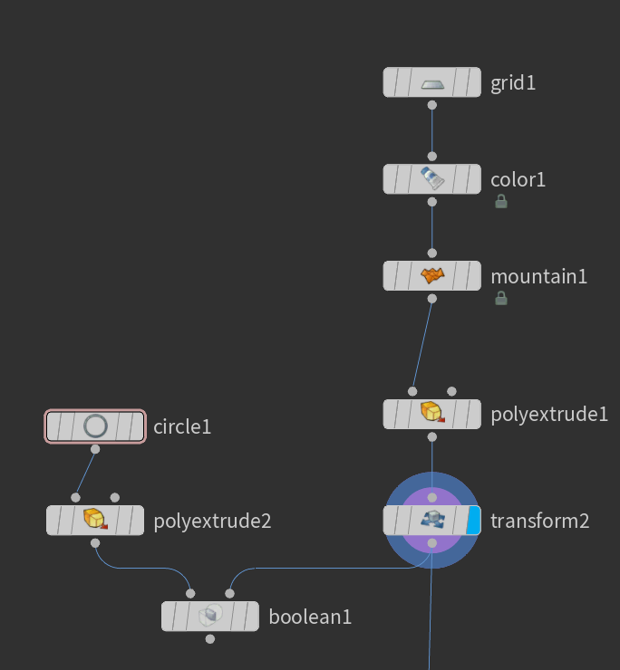 For the grains to be generated there needs to be a volume. Super easy to make; I extruded the ground upwards and with a transform node I flattened the top to make it look more like snow. The boolean is just to generate a smaller area and debug or run small tests.