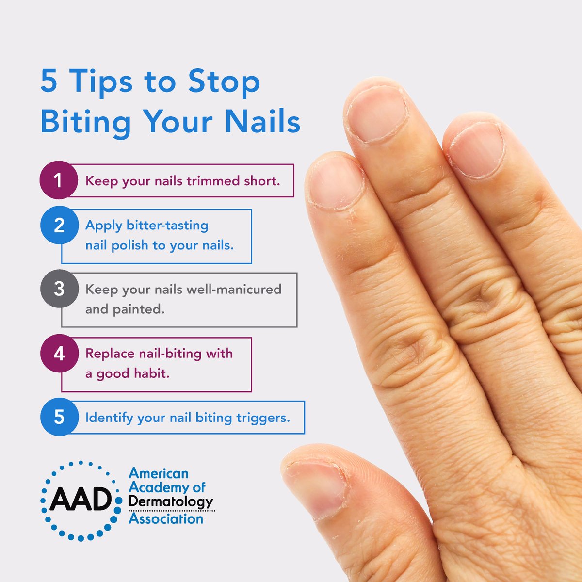 AADskin's tweet image. Repeated nail biting can lead to tissue damage and leave you vulnerable to infection. Kick the habit with these dermatologist tips: bit.ly/3kVxf6o
