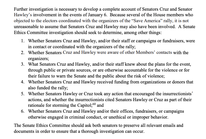 JUST IN: 7 Senate Democrats file ethics complaint "concerning the behavior of Sens. Cruz and Hawley related to the deadly insurrection at the U.S. Capitol on Jan. 6."

Sens. Whitehouse, Wyden, Smith, Blumenthal, Hirono, Kaine and Brown sent the complaint to the Senate Ethics Cmte