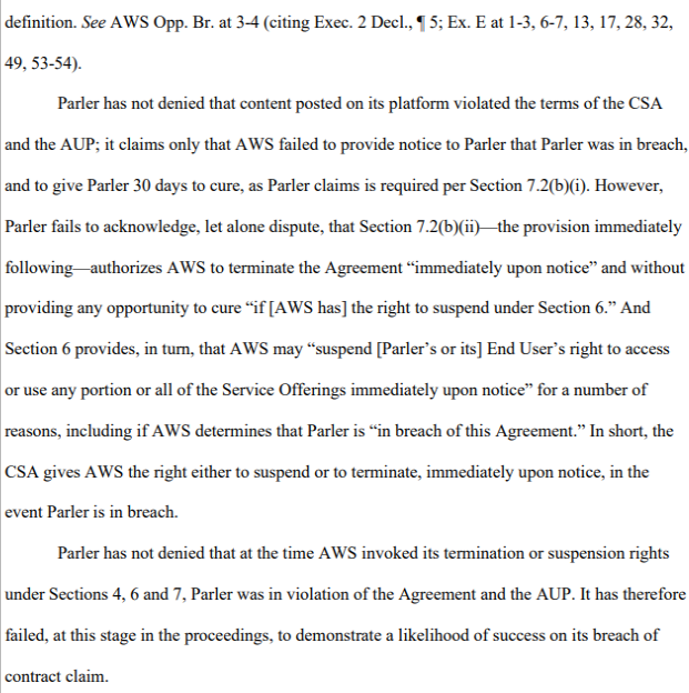 Parler: AWS should have given us 30 days notice. It's in this section.AWS: That same section explains by allowing violent content, Parler broke their end of the contract. We had grounds for immediate suspension but still tried to work with them for over a month.
