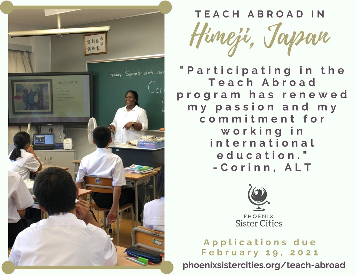 CityofPhoenixAZ's tweet photo. Do you know someone who would enjoy living and working abroad? Phoenix Sister Cities is accepting applications for the 2021-2022 Teach Abroad program in Himeji, Japan. No teaching experience required. Apply by February 19 at: https://t.co/Yq7WPv87G0 https://t.co/OBsLzNdwon