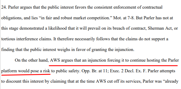 Judge: Parler failed to show any indication they could prevail in pursuit of claims over: 1) breach of contract2) anti-trust3) tortious interferenceBUTAWS shows reinstating Parler is a direct threat to public safety!