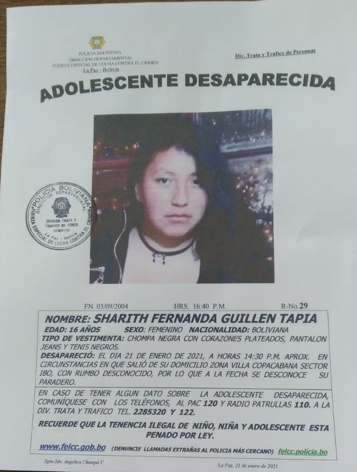 DGTTP2020's tweet photo. #DGTTP2020
#LAPoliciaDeTodosLosBolivianos
#Bolivia
Ella es Sharith Fernanda Guillen Tapia de 16 años de edad, salio de su domicilio ubicado por la Zona Villa Copacabana, sector IBO, en la ciudad de El Alto. 
#MenorDesaparecida
#ComandoDepartamentalLaPaz https://t.co/ULqDMLRXzF