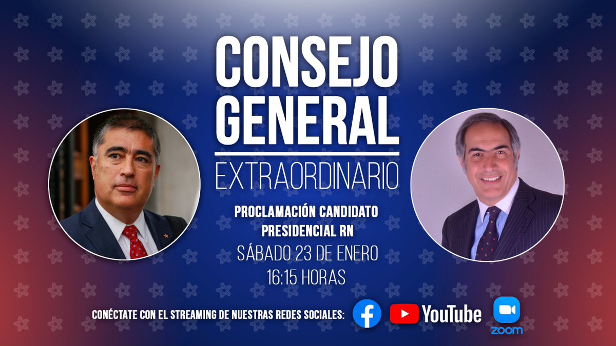 🔴 #ConsejoGeneralExtraordinarioRN

Este sábado 23 de enero a partir de las 16:15 horas nuestros consejeros definirán entre Francisco Chahuán y Mario Desbordes el próximo candidato presidencial del partido.

#CandidatoPresidencialRN

Zoom SOLO consejeros:
zoom.us/meeting/regist…