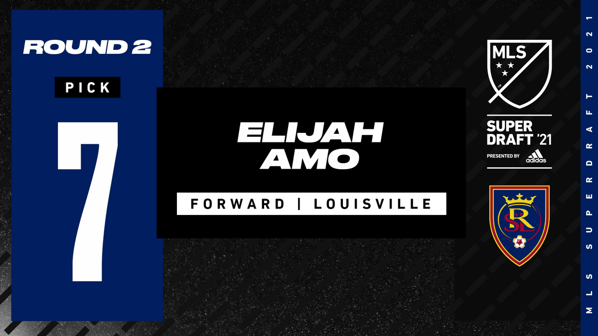 MLS's tweet photo. At #34 overall, @realsaltlake select forward Elijah Amo (@ElijahAmo) from @UofLmenssoccer. #SuperDraft https://t.co/Iw9zqIl6e6