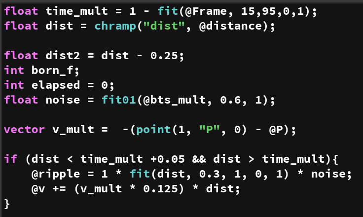 Inside the vellum solver, we need to do some vex trickery to get a ripple as if the ground underneath is lifting upwards. Why didn't I deform the ground directly? because I didn't think about it :D