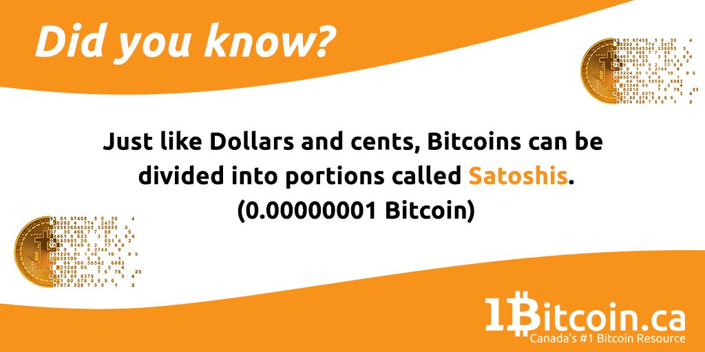 1bitcoinCA's tweet image. You don't have to purchase an entire Bitcoin to get started. Named after its founder, Satoshi Nakamota, one Bitcoin can be split up into 100 million of it's smallest units - known as Satoshis.

Learn more at 1bitcoin.ca