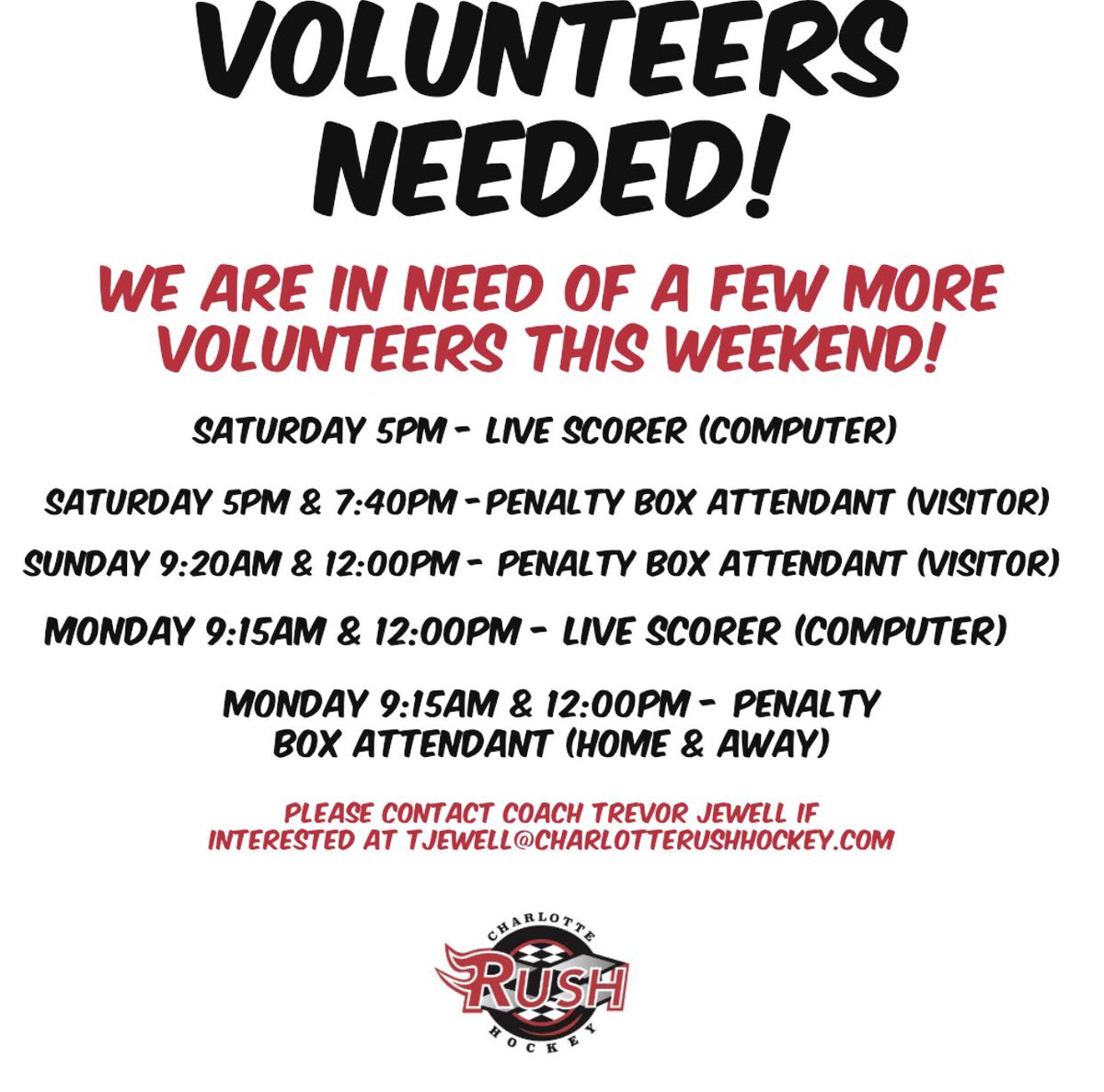 RushHockeyClub's tweet photo. We are still in need of a couple more volunteers for this weekends home series against the Jr. Canes! Please contact coach Trevor Jewell if you are interested at tjewell@charlotterushhockey.com #R4G #2C1F https://t.co/O3DNfZwJg1
