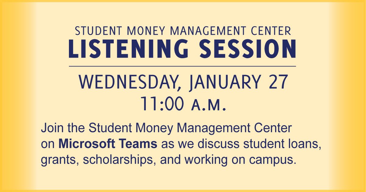 UTAmoney's tweet photo. Mark your calendars, Mavericks! The Student Money Management Center will be hosting our first virtual listening session on Wednesday, January 27 at 11:00 A.M. Topic: Paying For College. 
Here is the link: https://t.co/aLykuY4Pt5 https://t.co/H3lRjPIoQF