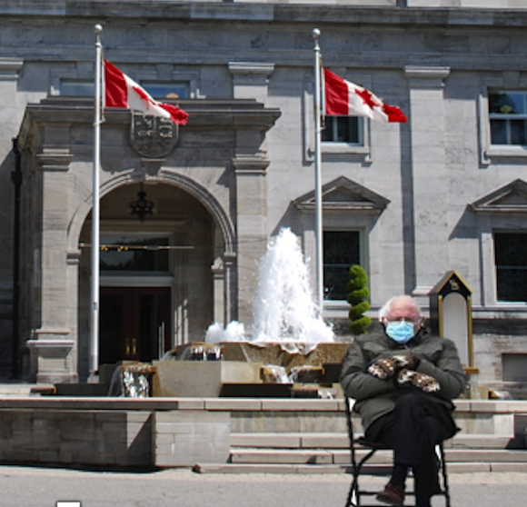 mnelischer's tweet photo. Bernie - waiting for his interview at Rideau Hall #bernie #govenorgeneral @shawnmicallef https://t.co/RORMNF6BmF