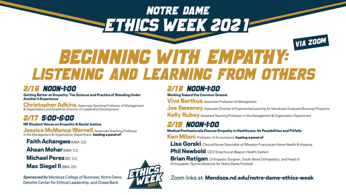 EthicsWeekND's tweet photo. Still searching for a word of the year? Maybe our Ethics Week speakers will convince you that the world could use a little more empathy: https://t.co/A07AKZwAlO  #EthicsWeekND #MCoB #Empathy https://t.co/ATM7SQTORt