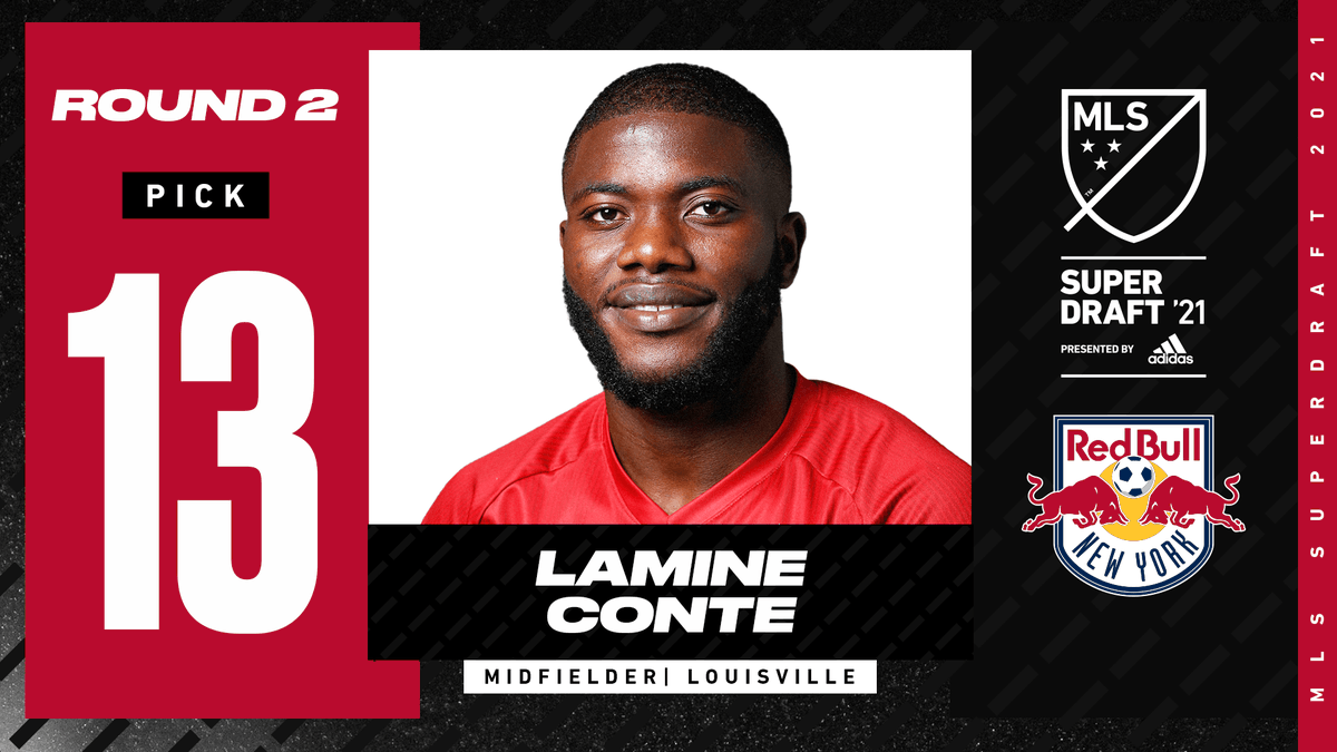 MLS's tweet photo. Pick #40 is in: @NewYorkRedBulls take midfielder Lamine Conte out of @UofLmenssoccer. #SuperDraft https://t.co/6msqeZ4aV3