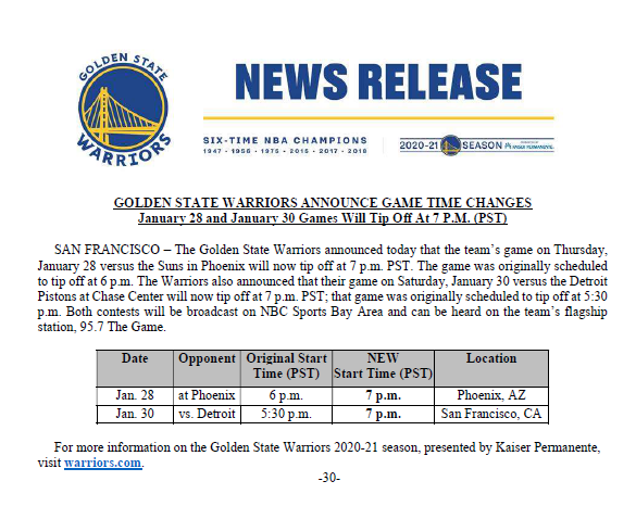 [情報] 勇士比賽時間變動