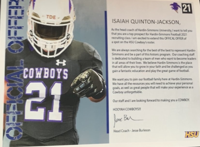 After a great talk with <a href="/BurlesonHSU/">Burleson</a> , I am blessed to receive another offer to play college football at Hardin-Simmons University <a href="/HSUCowboys/">Hardin-Simmons Cowboy Football</a>