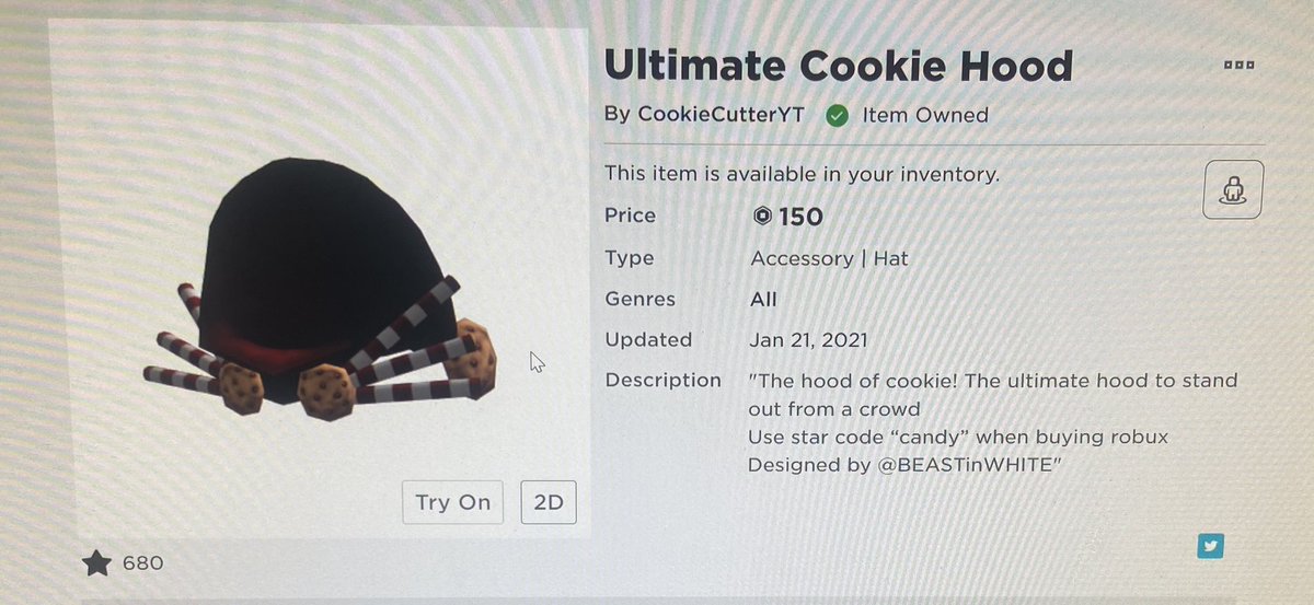 Cookiecutteryt Code Candy On Twitter My Roblox Ugc Item Sadly Had To Be Removed Due To Insane Backlash About It Looking Like A Dominus I Assume Hopefully A Remodel Will Be - hood hat roblox