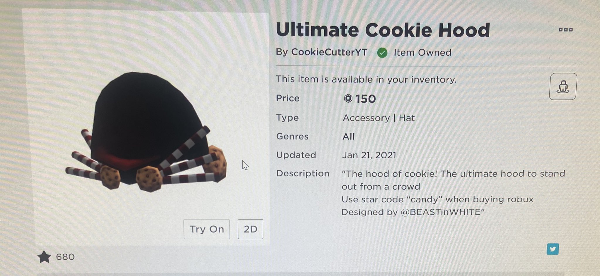 Cookiecutteryt Code Candy On Twitter My Roblox Ugc Item Sadly Had To Be Removed Due To Insane Backlash About It Looking Like A Dominus I Assume Hopefully A Remodel Will Be - dominus roblox account