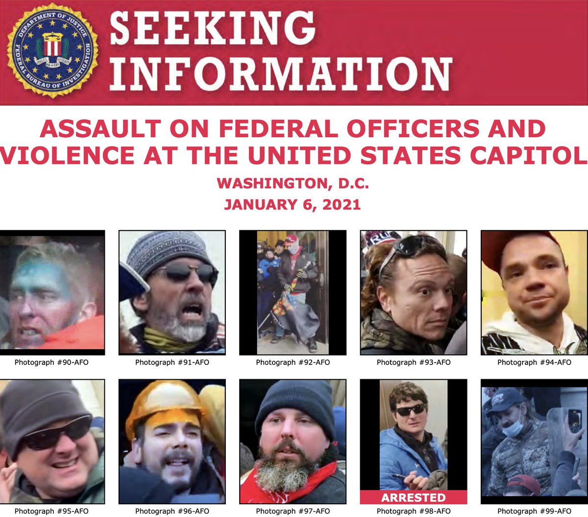 The #FBI has updated some of our seeking information posters with better photos of unidentified individuals. If you have a tip related to the violence at the U.S. Capitol on January 6, submit it to fbi.gov/USCapitol. @FBIWFO ow.ly/wMp250DeVon