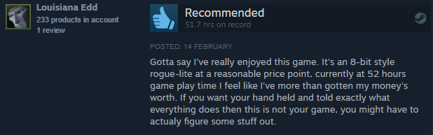 52 hours of gameplay! That's awesome! Thanks for love! Check out Dungeon Souls on #Steam! store.steampowered.com/app/383230/ #indiegame #gaming