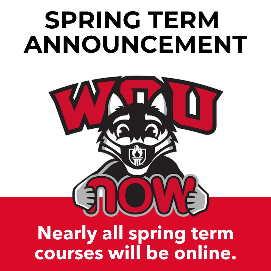 WesternOregonU's tweet photo. Spring 2021 courses will be mostly online, as they’ve been for fall and winter terms this year. Check your WOU email for a message from President Fuller about this and other topics. The president's message is also posted at https://t.co/i8ybMdttGz. https://t.co/4W5C10RHtT