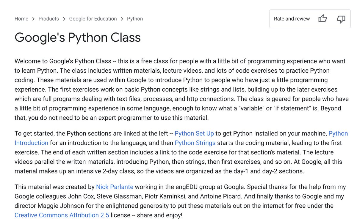 svpino's tweet image. Are you ready to start learning Python 🐍?
Here is a free course with no registration and no bullshit. And you can start right now.
You get:
▫️ A bunch of written lessons
▫️ All the lecture videos
▫️ Plenty of code exercises
developers.google.com/edu/python
