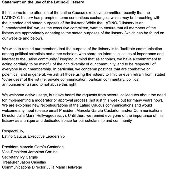 APSALatinos's tweet photo. The Latino Caucus Executive Leadership has issued a statement in regards to appropriate uses of its LATINO-C listserv: https://t.co/Tz93KflmAk