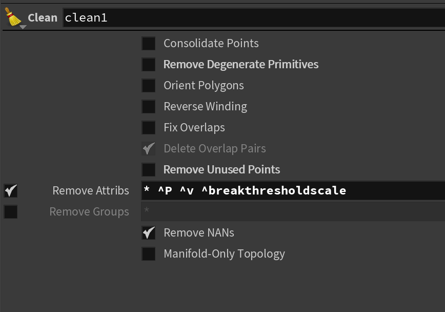 Now just clean some attributes that won't be used to reduce the space it's going to take on disk and remove eventual points that fell below the ground; this is not a problem with the current setup, but it will be useful if the ground collapsing is a simulation and has gaps