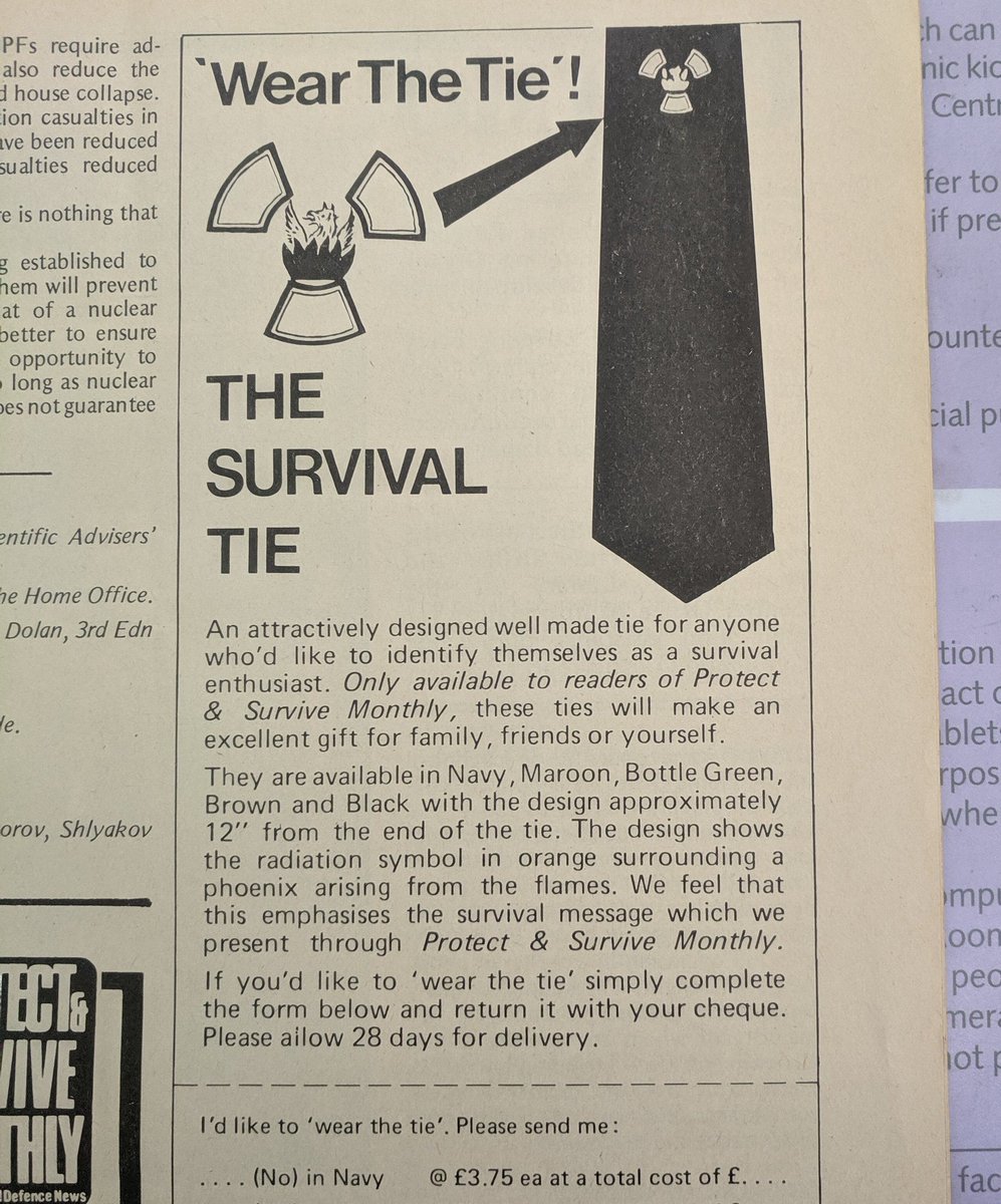 The magazine invited readers to buy THE SURVIVAL TIE. Perfect for those who wish to "identify themselves as a survival enthusiast".