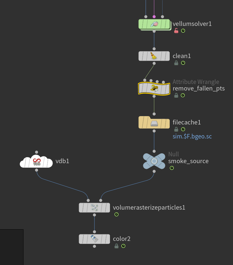 Now just clean some attributes that won't be used to reduce the space it's going to take on disk and remove eventual points that fell below the ground; this is not a problem with the current setup, but it will be useful if the ground collapsing is a simulation and has gaps