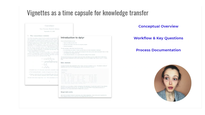 Also - DOCUMENT IT!Vignettes can be conceptual OR show technical details/code #rstudioglobal