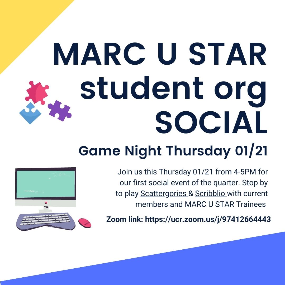 REMINDER of our virtual game night tonight at 4! Zoom link here:  ucr.zoom.us/j/97412664443