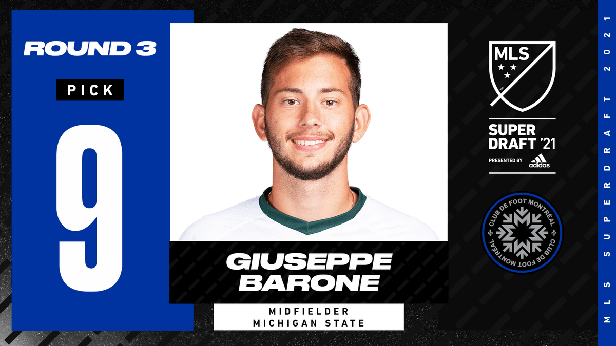 MLS's tweet photo. At #63 overall, @clubdefootmtl pick midfielder Giuseppe Barone out of @MSUmsoccer. #SuperDraft https://t.co/OYiqeGLPTb