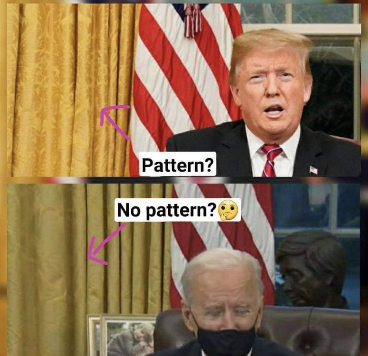 For instance take a look at this image. In the part with Trump there is a pattern on the curtains then looking behind Biden there is no pattern (keep in mind these photos are all within the past few days) now there is rumors of Biden “renovating the Oval Office” but yesterday...